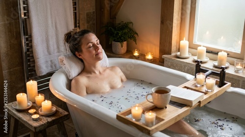 Serene Young Woman Relaxing in Luxury Milk Bath with Candles and Tea for Self-Care