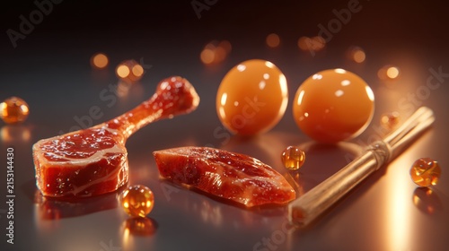 Close-up of raw meat and eggs,  a still life