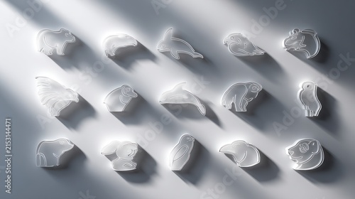 Atop a light-grey surface, 16 simple, 3D animal silhouettes in white, illuminated by light, casting soft shadows