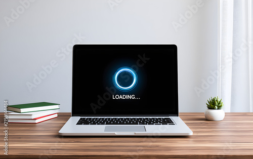 Modern laptop displaying a blue loading spinner and text on its screen placed on a wooden desk next to a stack of books and a potted succulent waiting progress process buffering