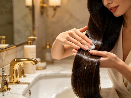 Woman applying hair treatment to long shiny brunette hair