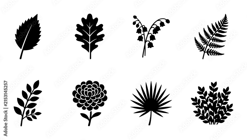 Obraz premium Botanical Vector Icons Set: Nature Leaves, Flowers, Ferns, and Bushes for Organic Design Elements