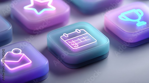 Close-up of glowing, translucent, square icons, featuring a calendar icon in the center, surrounded by other app icons