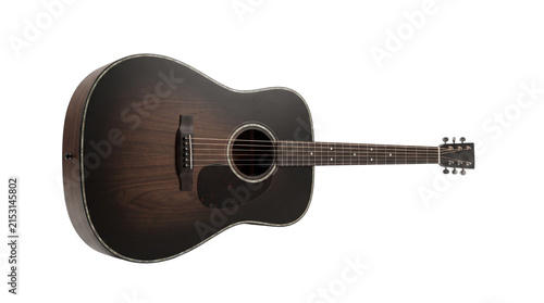 A dark brown acoustic guitar with wooden texture on a simple studio setting