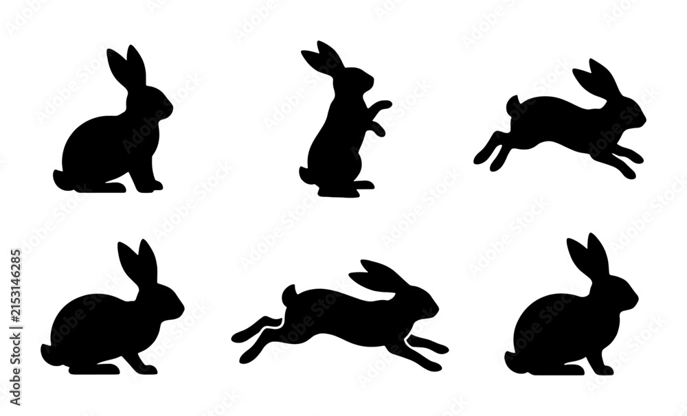 Obraz premium Six Black Rabbit Silhouettes, Dynamic Poses Vector Set, Cute Bunny Icons for Spring and Easter Graphics