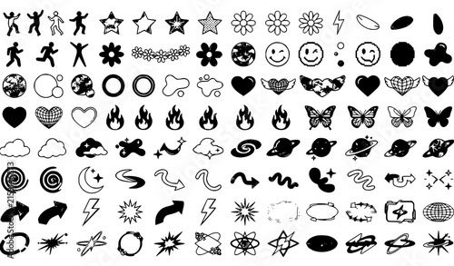 Ultimate Y2K Pop Culture Silhouette Vector Icon Set Featuring Retro Stars Flames Butterflies and Planets for Trendy Gen Z Streetwear Branding Creative Graphic Designs