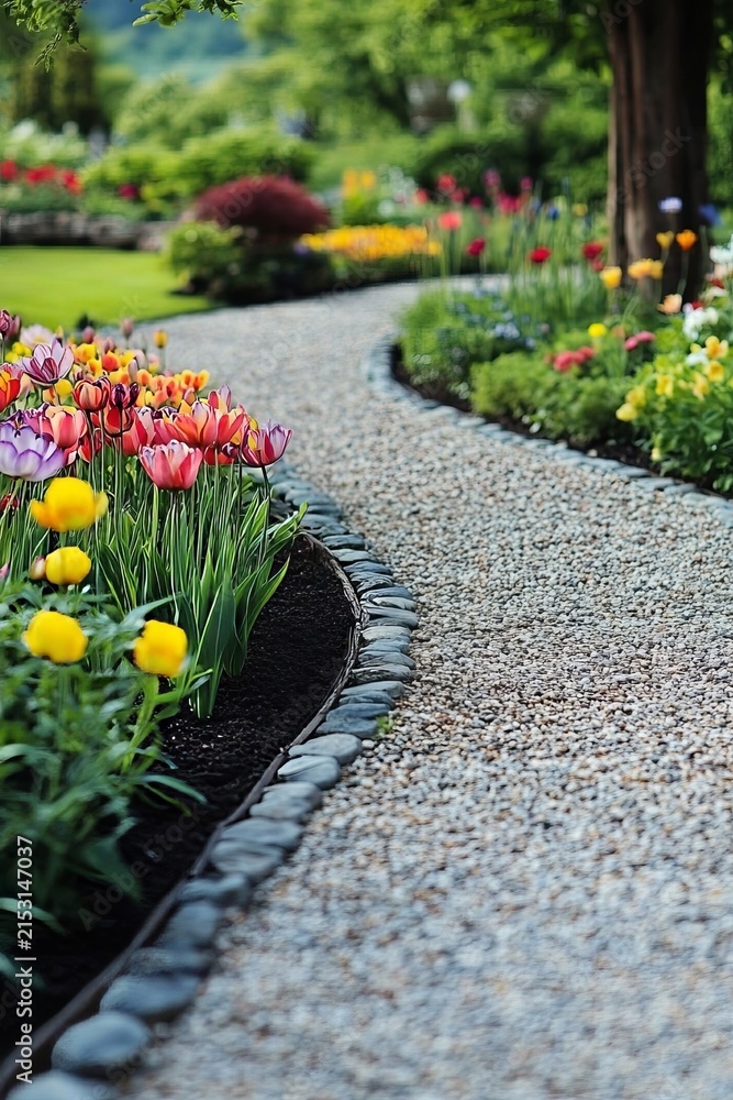 Fototapeta premium Beautiful Landscape Garden Featuring A Winding Gravel Path Lined With Colorful Spring Tulip Flowers