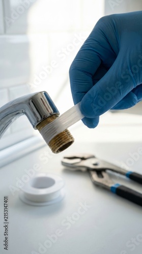 A plumber carefully wraps teflon tape around the threads of a faucet to ensure it is leak proof during a kitchen renovation