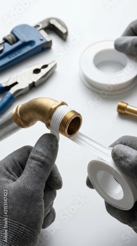 Detailed view of hands using teflon tape on a brass plumbing fitting with various tools in close proximity