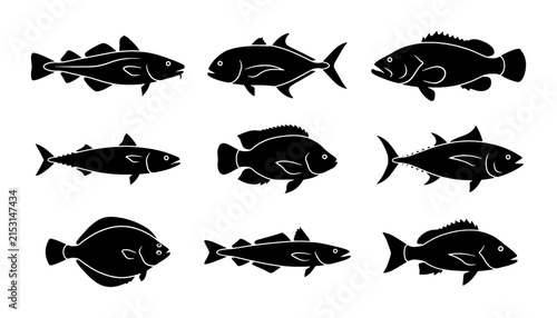 Diverse Fish Silhouettes Collection, Seafood Icons Set, Aquatic Animal Vector Graphics for Culinary and Marine Themes
