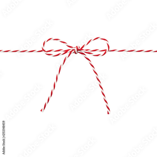 A simple bow made of red and white striped baker twine string, isolated on a white background, for gift wrapping, and craft decoration projects isolated on a transparent background