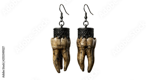 Konstfotografi Gothic human tooth earrings on transparent background