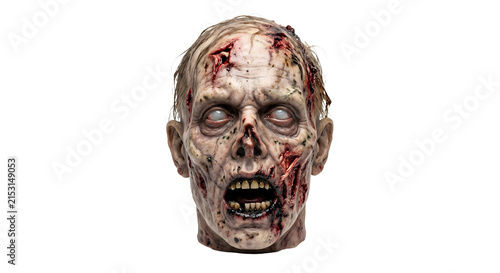 Creepy zombie head with wounds on transparent background