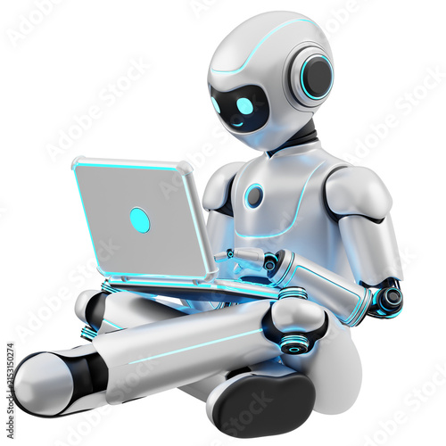 Futuristic Robot Working on a Laptop