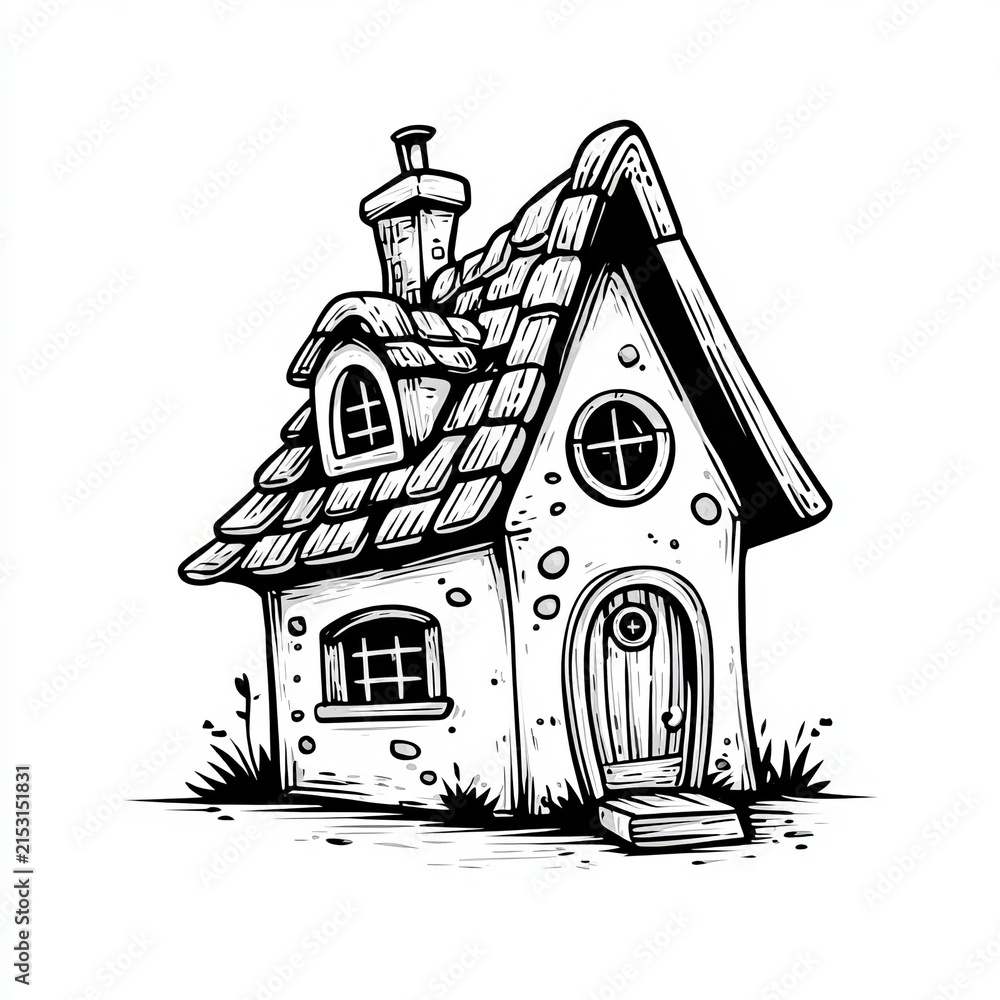 Fototapeta premium Black and white hand drawing of a fantasy stone cozy house on white background contour vector art