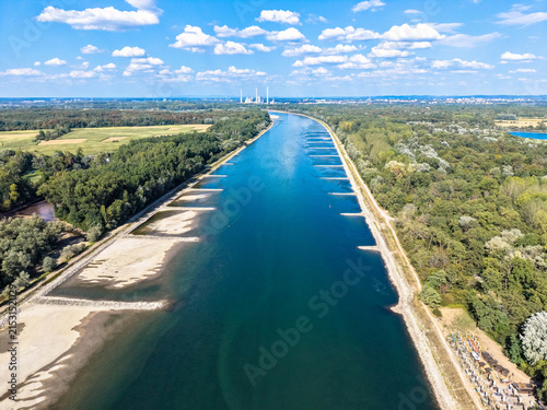 Drone photography. Low water level in the dried-up riverbed of the Rhine at the Maxau gauge. Rhineland-Palatinate, Germany. Aerial view.
