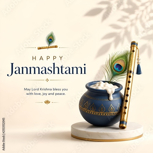 Blue butter pot and golden flute with peacock feather for janmashtami festival religion celebration spiritual traditional greeting