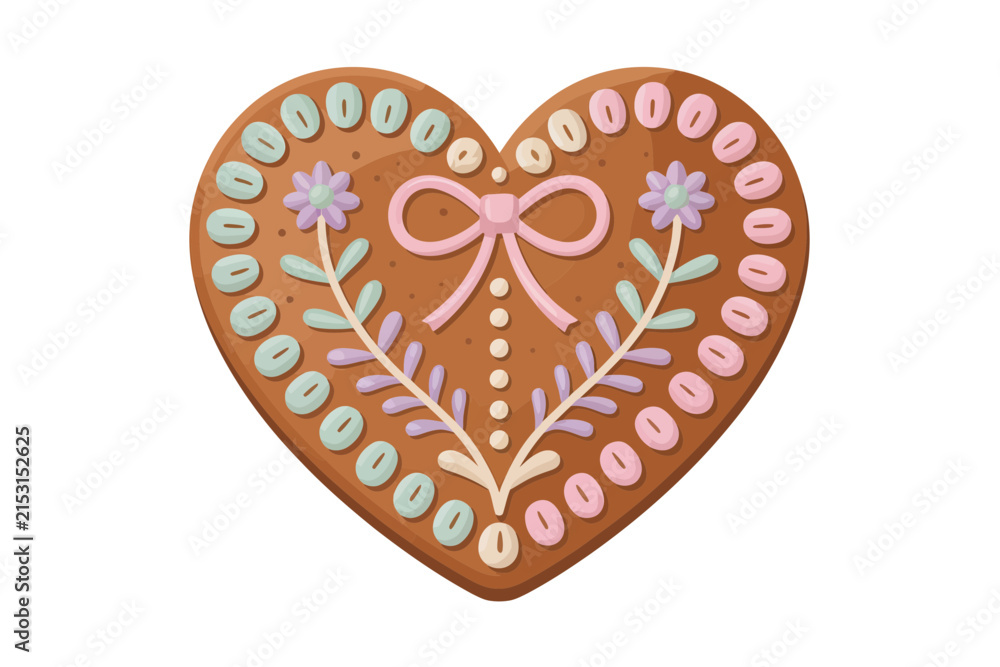 Obraz premium Heart shaped gingerbread cookie decorated with white icing pink bow light blue and pink dots and green leaves traditional holiday dessert vector isolated on transparency grid background.