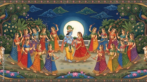 Radha Krishna Raas Leela in traditional Indian folk painting - moonlit devotional art.