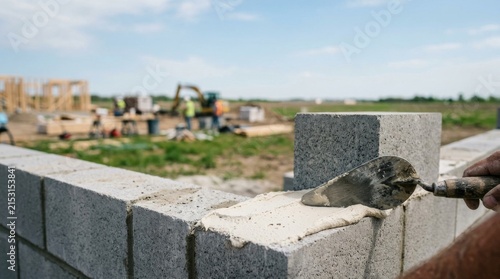 Mason laying concrete blocks for wall construction on building site.