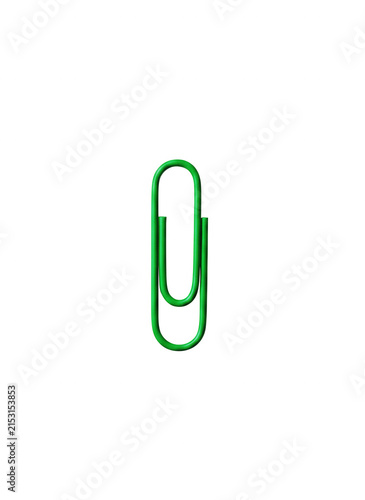 A single bright green metal paper clip used for holding documents and office organization