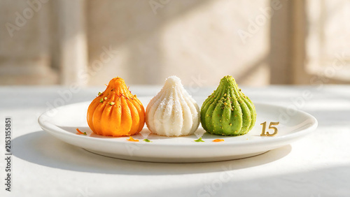 Three Handmade Tricolor Indian Modaks for 15th August Independence Day Celebration. Premium Gourmet Sweets in Saffron White and Green on Ceramic Plate.