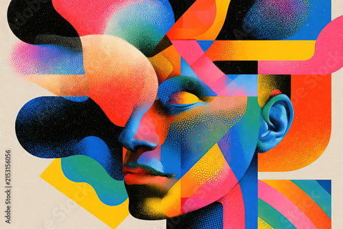 Colorful Abstract Geometric Portrait of a Surreal Face Expressing Creativity and Modern Pop Art Style