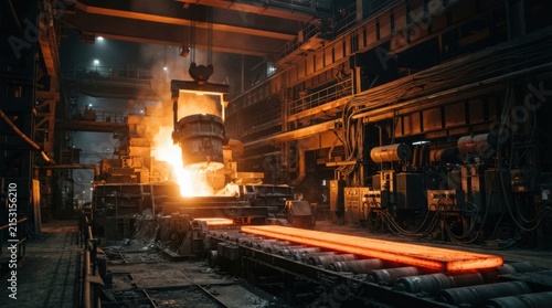 Steel mill with molten metal ladles, glowing slab on rollers, overhead crane, and transformers highlighting energy intensive heavy industry.