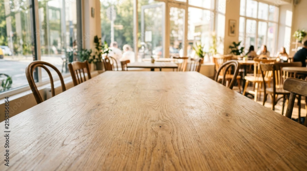 Fototapeta premium Empty Wooden Table in a Bright Cafe Setting.