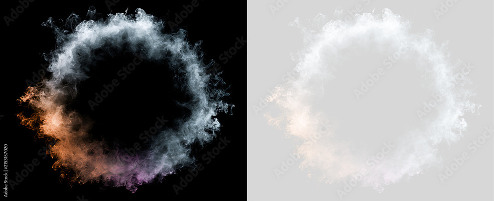 Fototapeta premium Circular smoke ring with colorful gradient on black and transparent background. Abstract vapor frame element with orange and purple glow