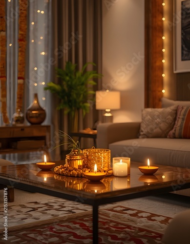 Cozy living room with glowing candles and string lights