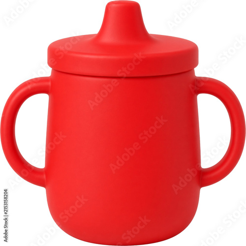 Red 3D baby sippy cup with handles for toddler drinking, infant feeding, weaning and baby tableware isolated on white background