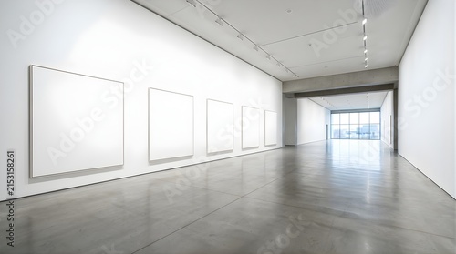 Empty modern art gallery hall with five blank canvas frames on wall