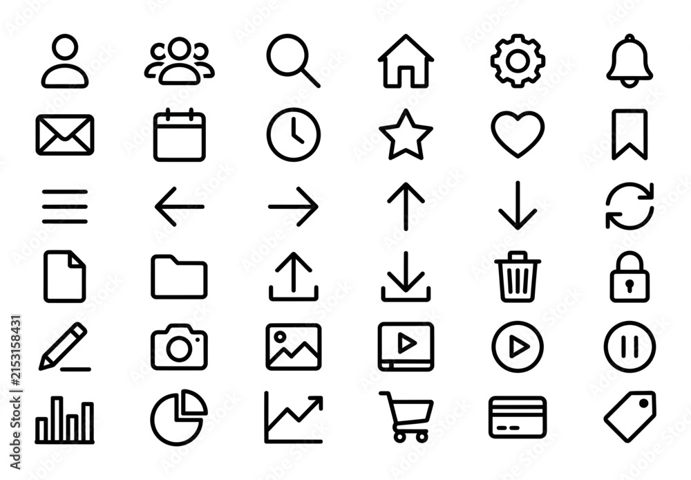 Fototapeta premium Collection of various black outline user interface icons for mobile applications and modern website design projects