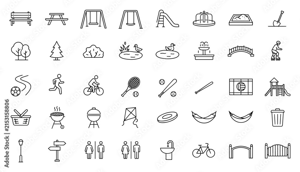 Fototapeta premium Collection of outdoor park and recreation line art icons featuring playground equipment sports activities and public facilities