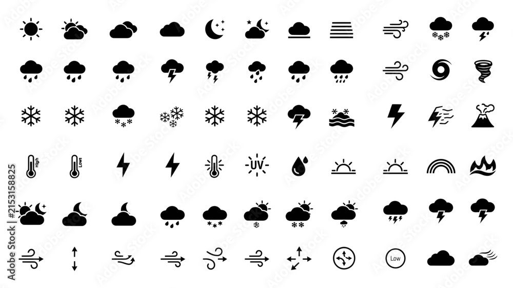 Obraz premium Collection of black weather icons featuring sun clouds rain snow lightning wind and various atmospheric conditions for applications
