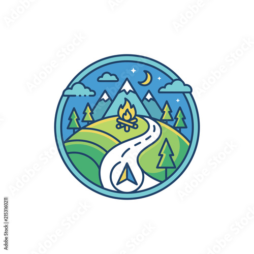A stylized vector illustration of a scenic mountain camping trip