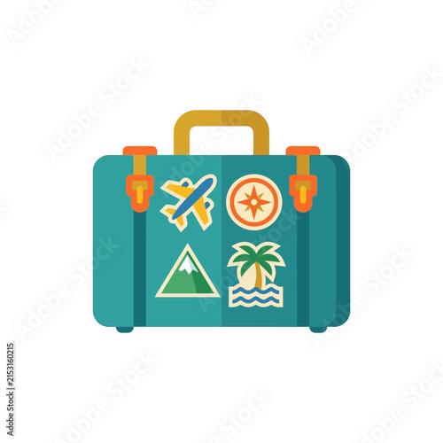 A teal travel suitcase with various vacation stickers on it