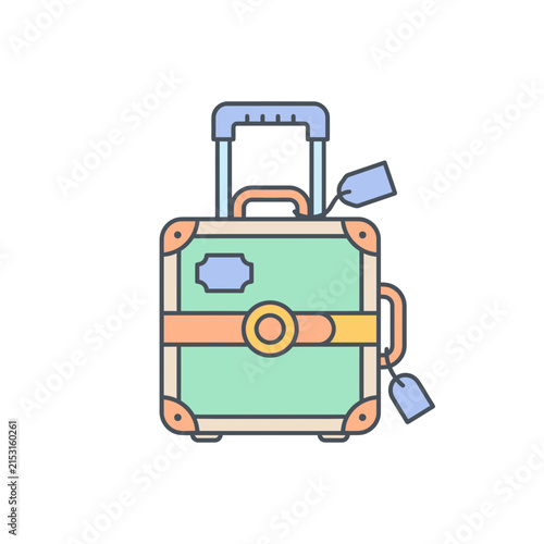 A vintage style travel suitcase is shown on a white background