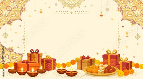 Festive holiday gift wrapping scene with golden decorative elements and traditional sweets