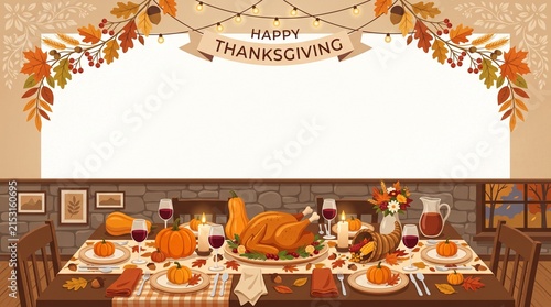 Vibrant Thanksgiving illustration featuring festive table setting with roasted turkey and autumn decorations
