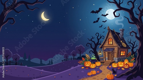 Whimsical Halloween cottage scene with glowing jack-o-lanterns under a full moon and bats flying