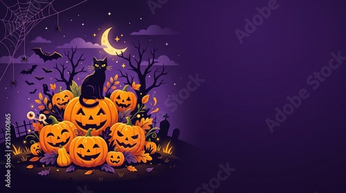 Vibrant Halloween jack-o-lanterns glowing under a full moon in a spooky autumn forest illustration