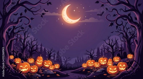 Whimsical Halloween jack-o-lanterns glowing under a moonlit forest at night