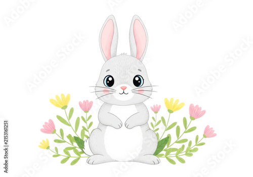 Cute cartoon bunny rabbit sitting amongst pink and yellow flowers with green leaves on a transparent background for easter greetings.