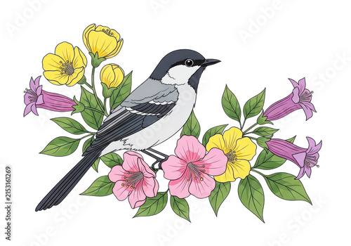 Small bird perched on a branch with pink yellow and purple flowers and green leaves on a transparent background for nature themes.