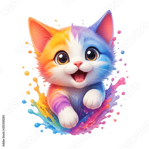 International Cat Day colorful kitten portrait with vibrant paint splashes.