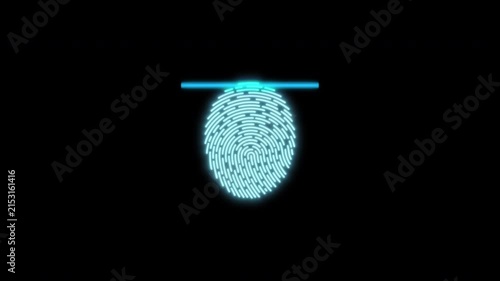 Futuristic cyan fingerprint scanner graphic floating on a black background, with a glowing horizontal scan line above the fingerprint