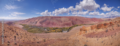 Mongolian landscapes of the southern Altai, dry mountain slopes, early autumn, panoramic view