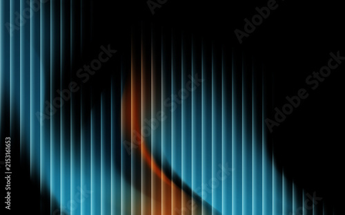 Foto Abstract digital background featuring a pattern of vertical glowing blue lines intersected by a soft, flowing warm orange curve against a deep black backdrop